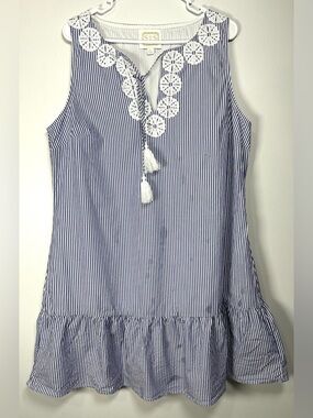 Sail to Sable Navy and White Striped Sleeveless Dress with Crochet Trim size XL